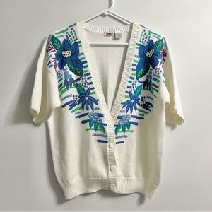 Vintage Lucia Embroidered Floral Cardigan V Neck Sweater White Blue Green 80s M